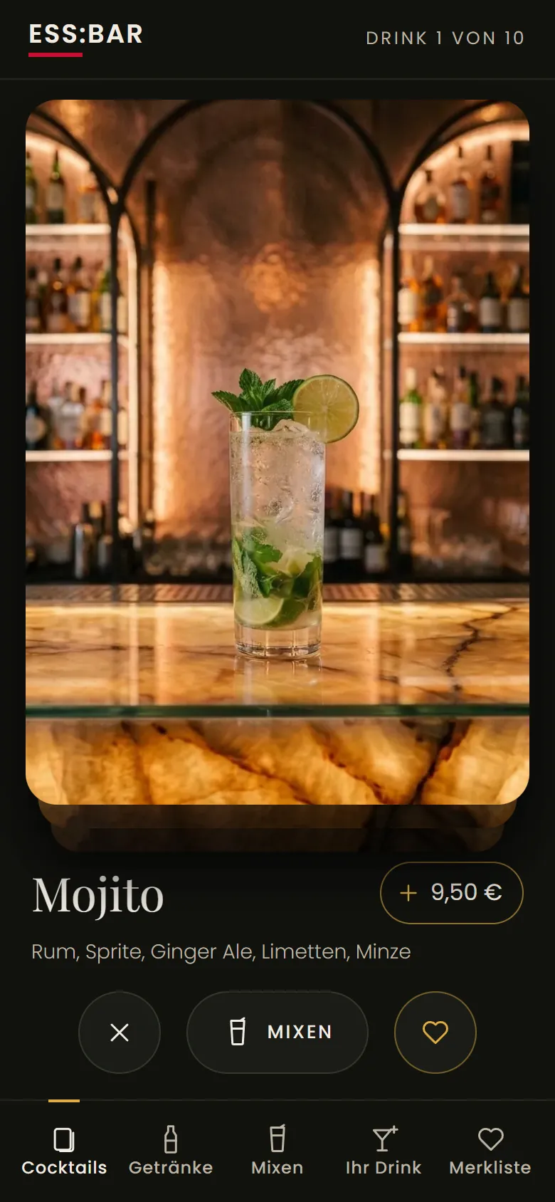 Drinks-App der ESS:BAR mit einem Mojito auf dem Bartresen