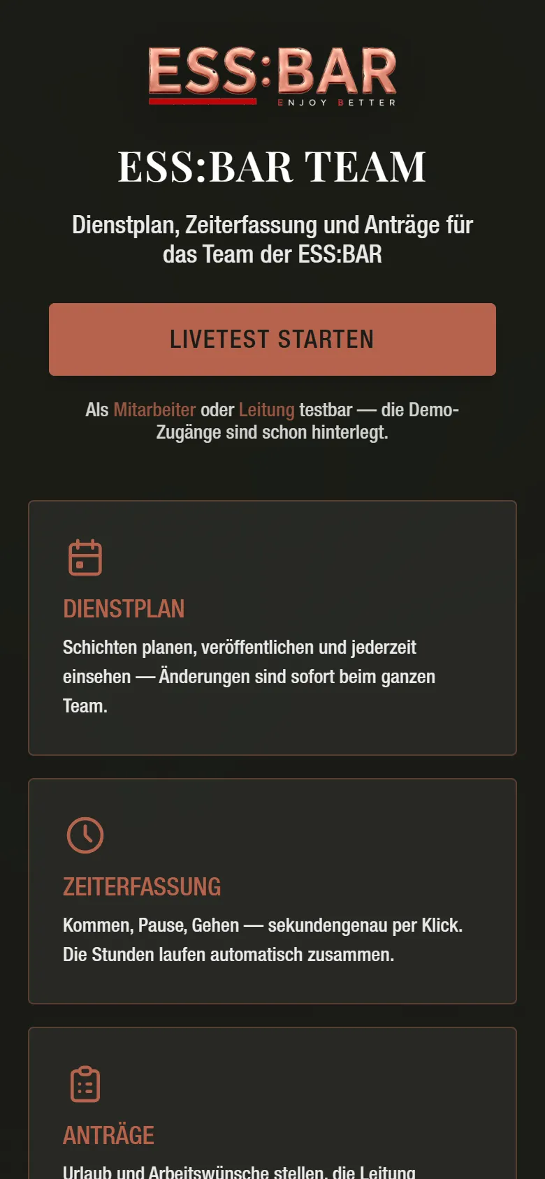 Startseite der Personal-App ESS:BAR Team auf dem Handy