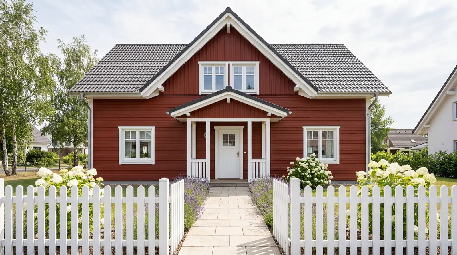 Rotes Holzhaus mit weißem Zaun und Weg zur Haustür, Startbild der Muster-Webseite Grundlicht Immobilien